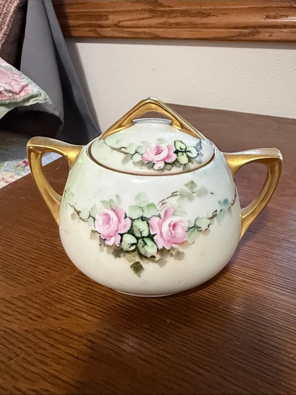 Vintage Porcelain Pink Rose Creamer and Sugar Set with Gold Trim